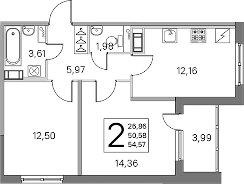 2-комнатная квартира 50.58 м², 5/5 эт., ЖК «ЮгТаун. Олимпийские кварталы»